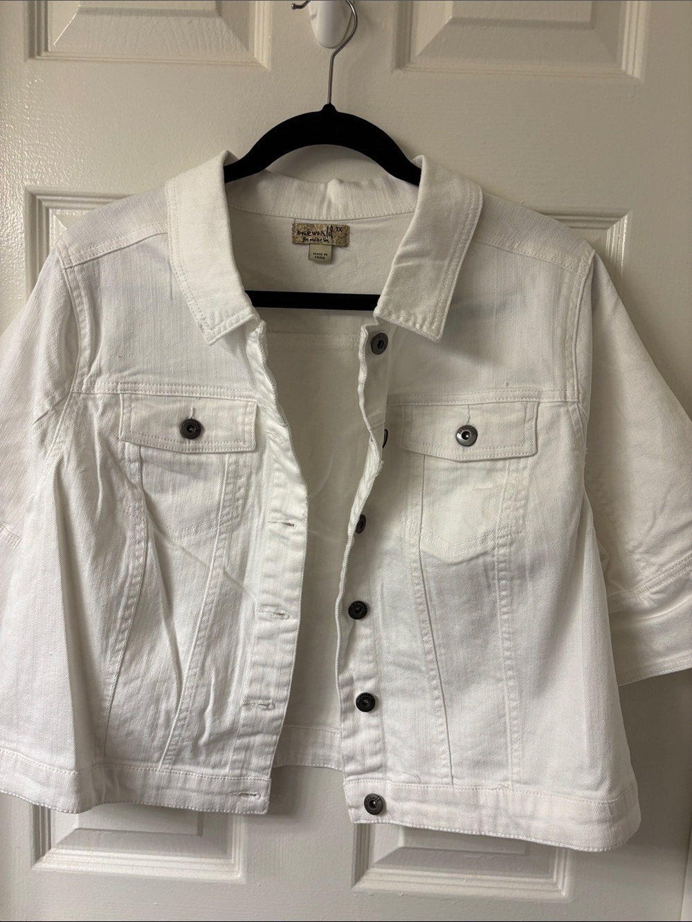 One World White Women's Denim Jacket - Classic Short Sleeve Style